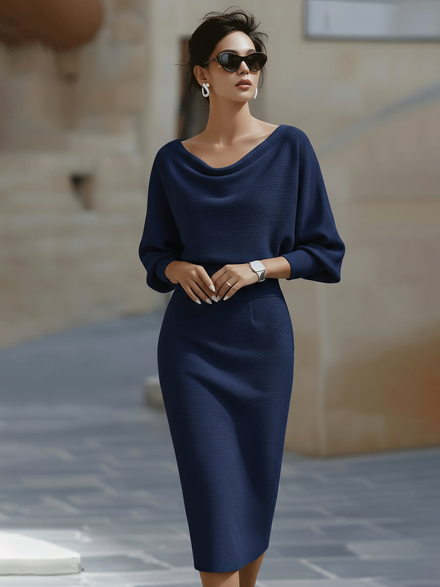 Women's Fitted Midi Dress With A Draped Neckline And Batwing Sleeves – An Elegant Dress For Parties, Evening Wear, And Special Occasions