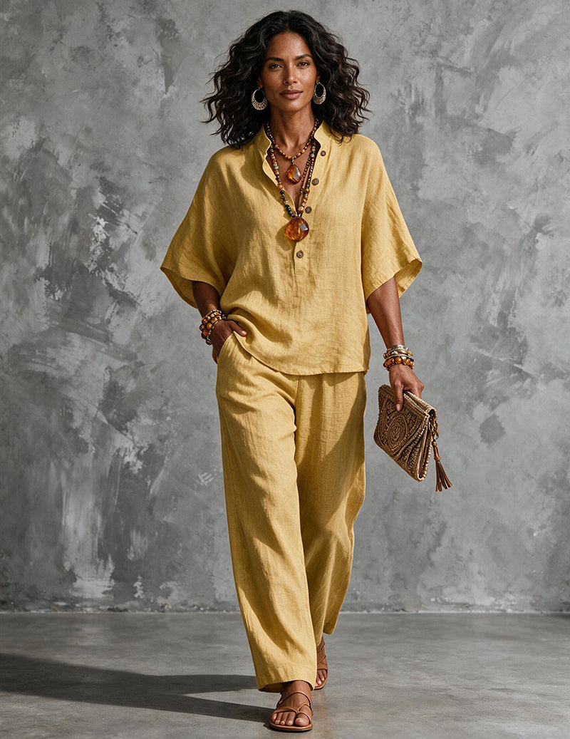 Women's Linen Batwing Sleeve Top And Pants Set - Relaxed Two-piece Outfit For Effortless Summer Wear