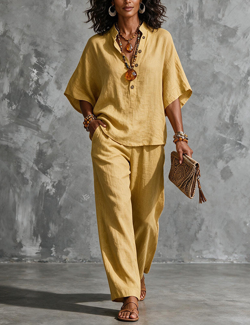 Women's Linen Batwing Sleeve Top And Pants Set - Relaxed Two-piece Outfit For Effortless Summer Wear