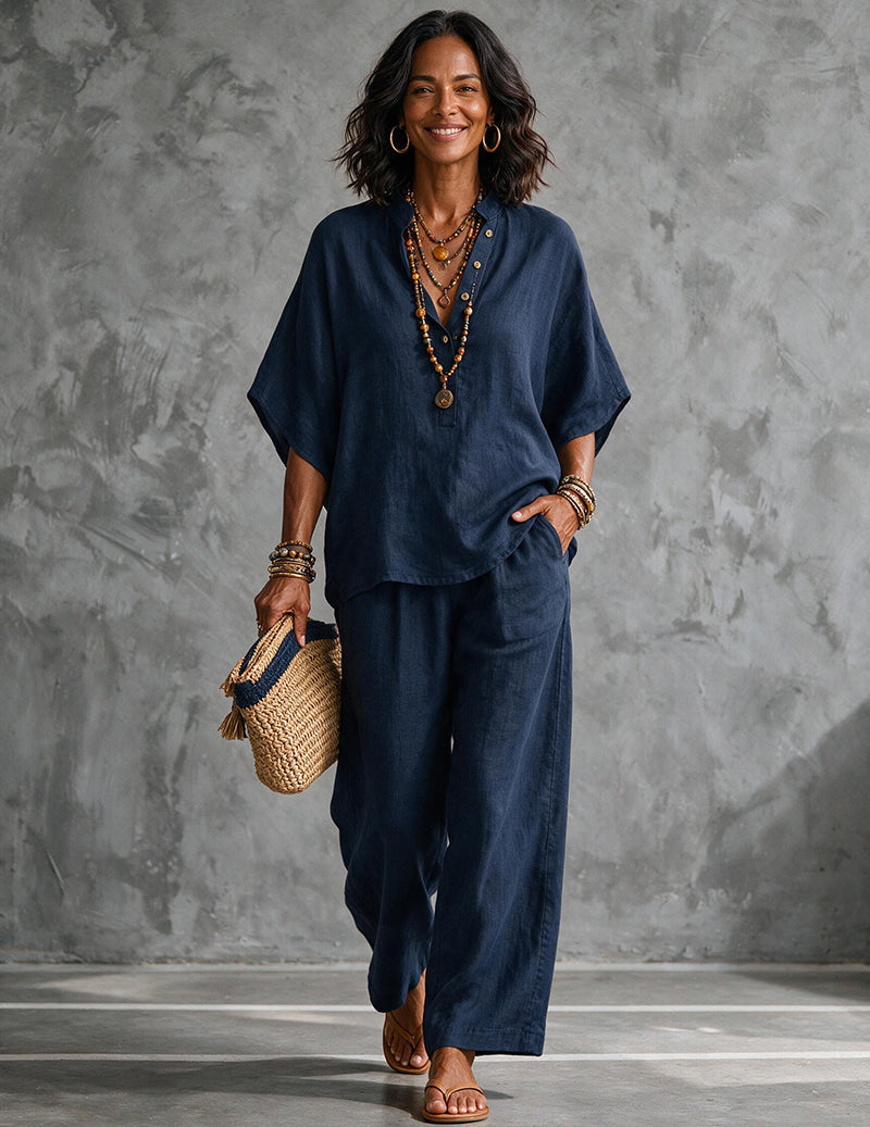 Women's Linen Batwing Sleeve Top And Pants Set - Relaxed Two-piece Outfit For Effortless Summer Wear