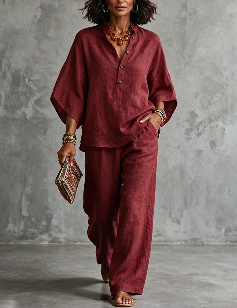 Women's Linen Batwing Sleeve Top And Pants Set - Relaxed Two-piece Outfit For Effortless Summer Wear