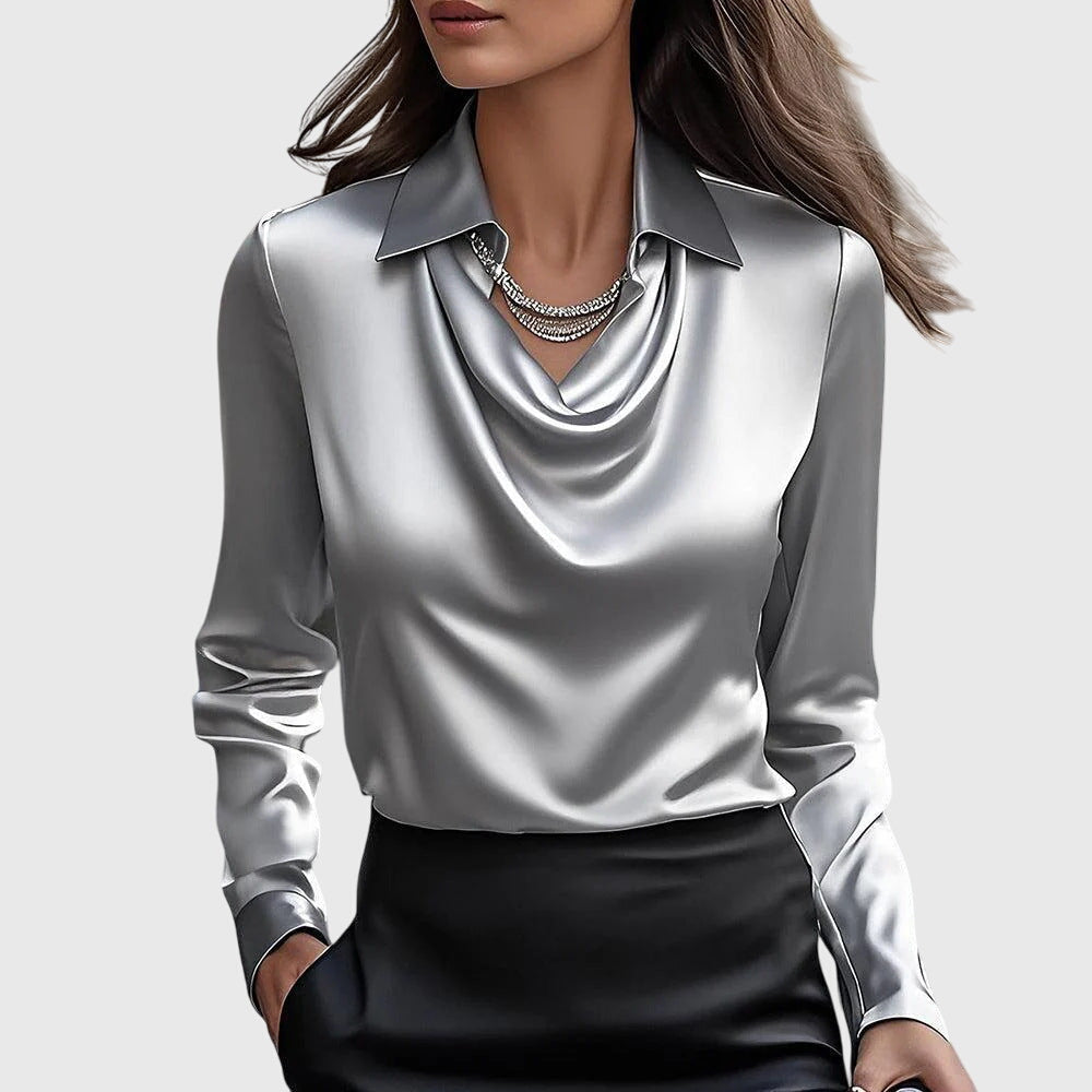 Women's Satin Blouse With A Cowl Neck, Collar, And Long Sleeves – An Elegant Blouse For The Office, Evening Wear, And Smart-casual Styles
