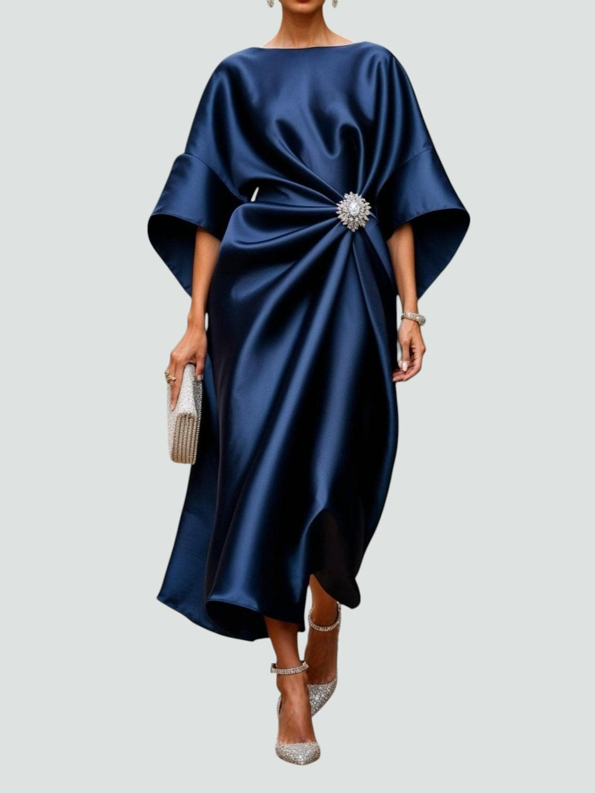 Women's Draped Brooch Maxi Dress - Cape Sleeve Gown For Formal Events