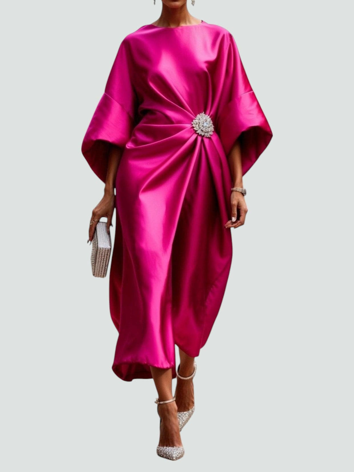 Women's Draped Brooch Maxi Dress - Cape Sleeve Gown For Formal Events