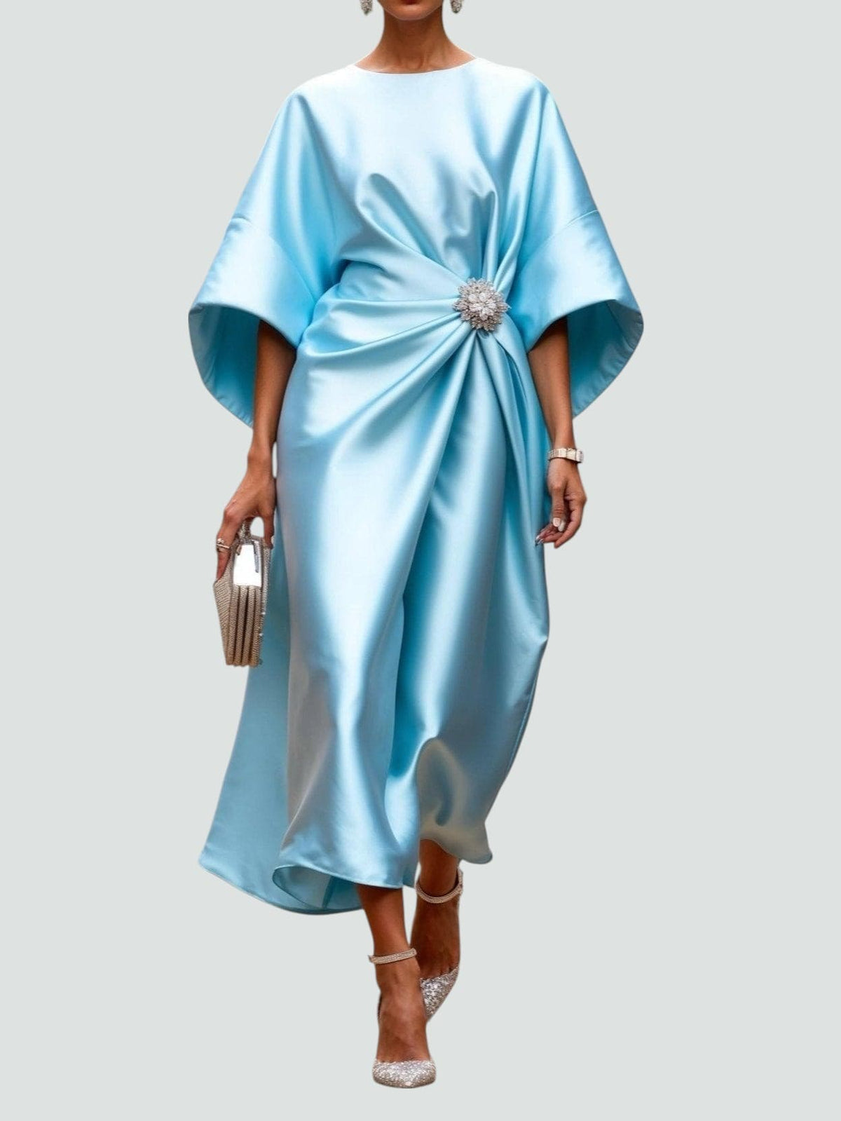Women's Draped Brooch Maxi Dress - Cape Sleeve Gown For Formal Events