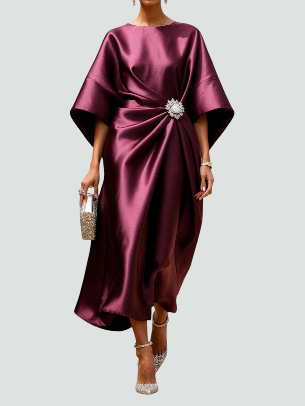 Women's Draped Brooch Maxi Dress - Cape Sleeve Gown For Formal Events