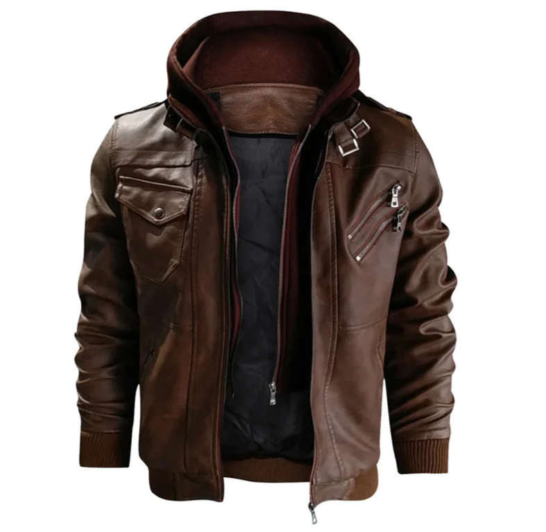 Men's Faux-leather Utility Jacket With A Hood And Multiple Pockets—practical Outerwear For Everyday Use And Casual Outdoor Activities