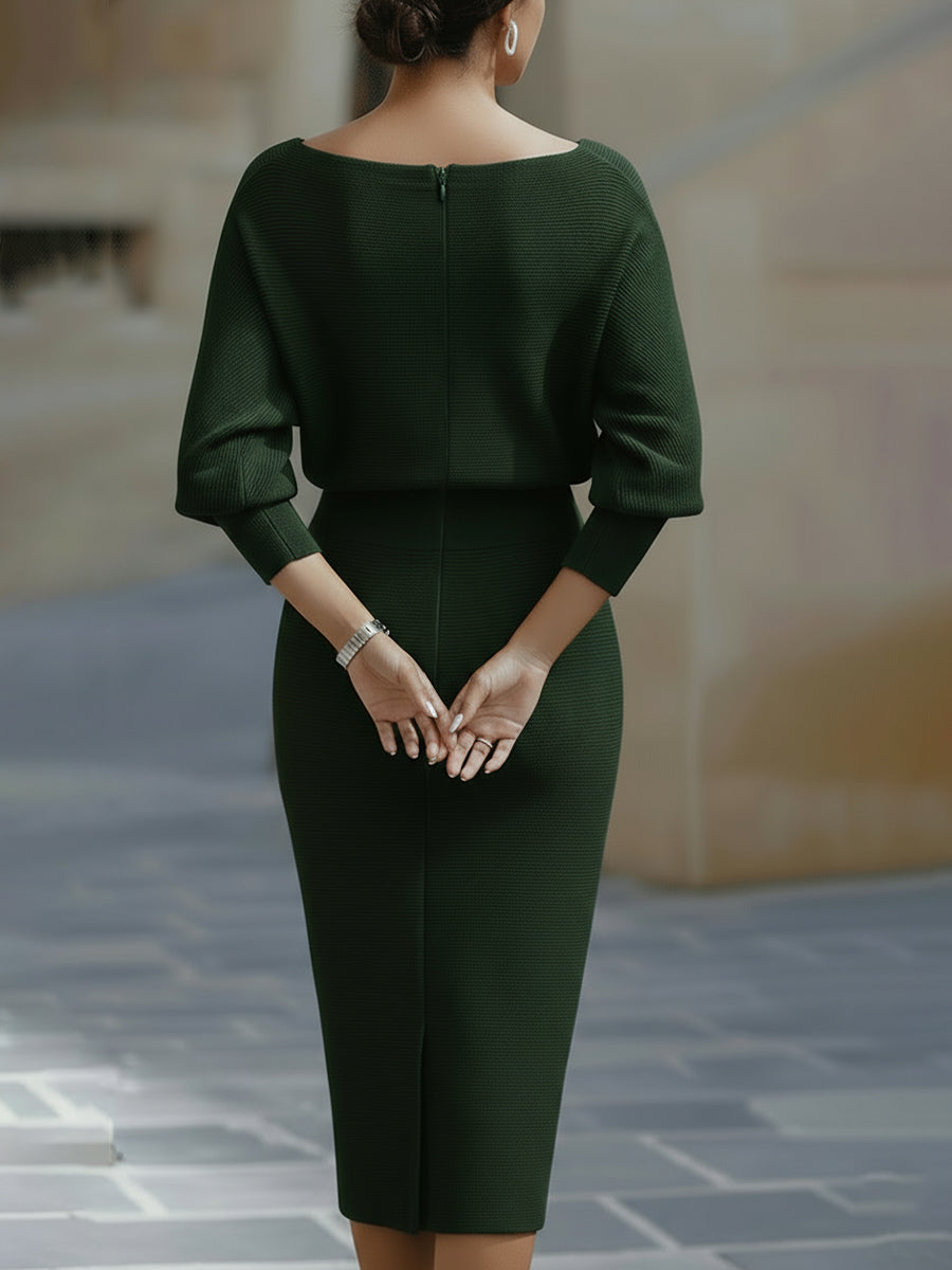 Women's Fitted Midi Dress With A Draped Neckline And Batwing Sleeves – An Elegant Dress For Parties, Evening Wear, And Special Occasions