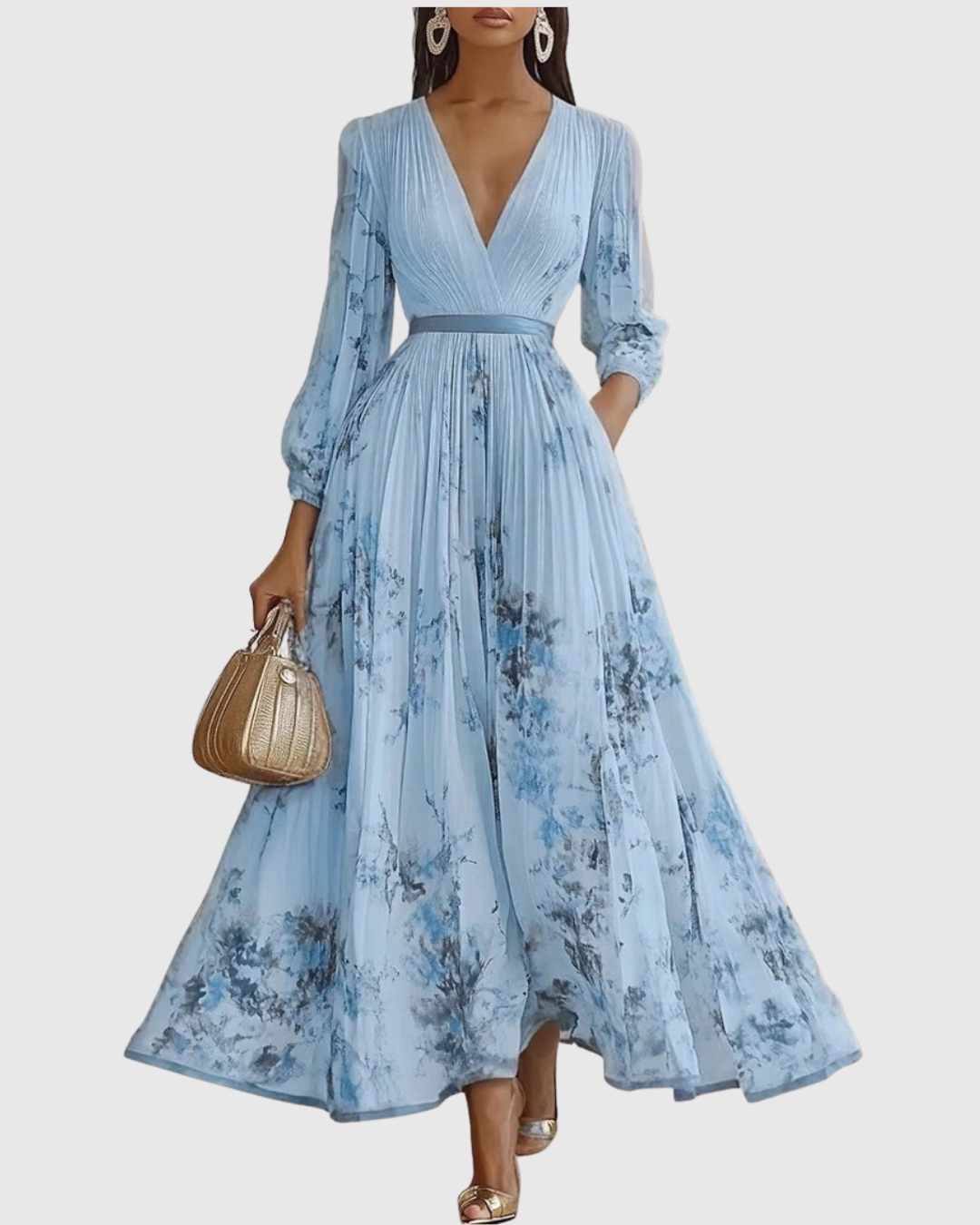 Women's Pleated Maxi Dress With A Deep V-neck And Print – An Elegant Dress For Parties, Weddings, And Special Occasions