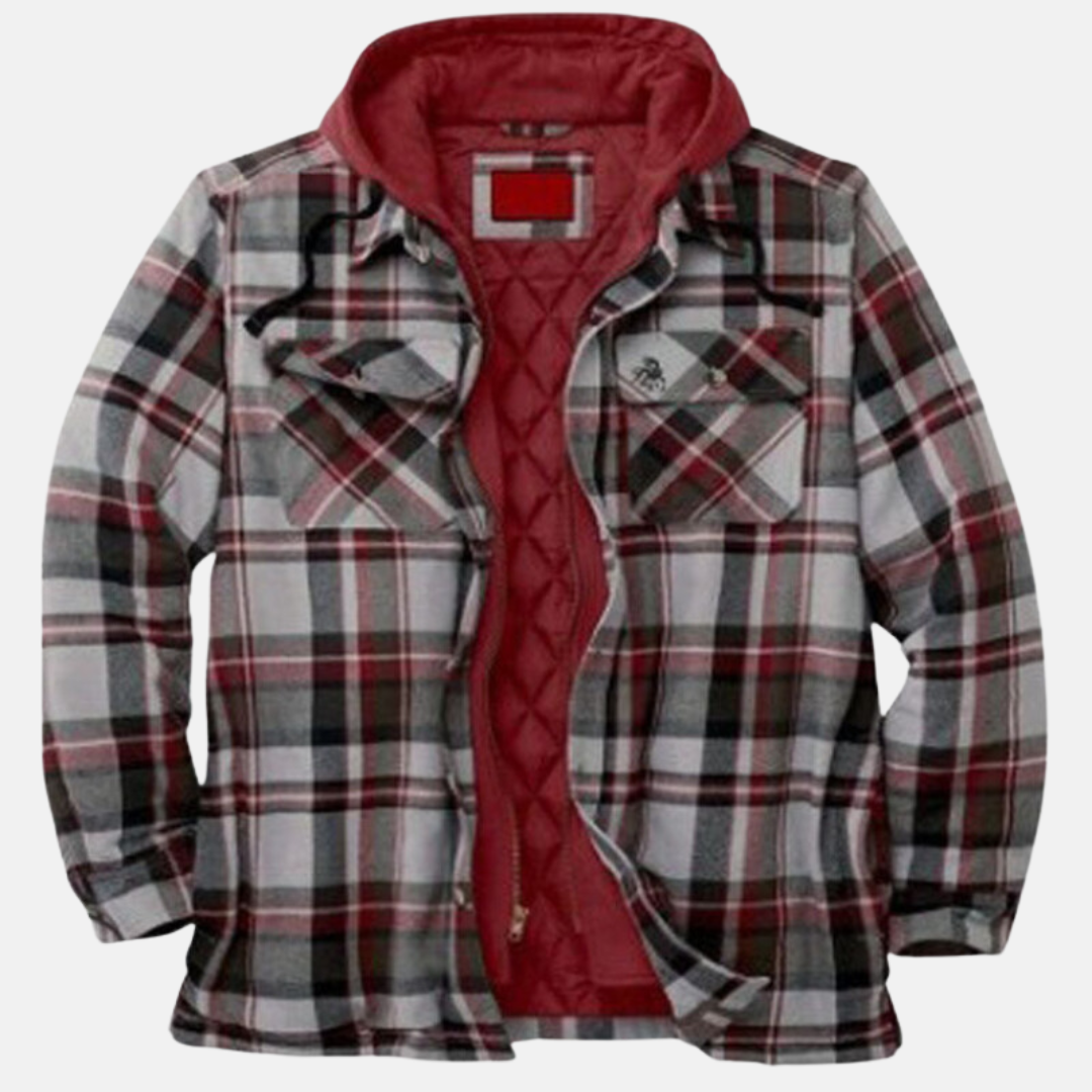 Men's Warm Hooded Overshirt Jacket With A Print And Quilted Design—practical Outerwear For Outdoor Use And Casual Everyday Style