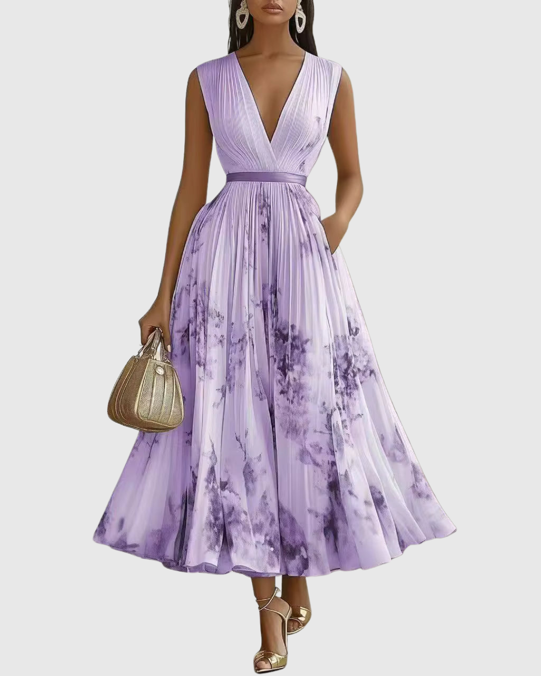 Women's Pleated Maxi Dress With A Deep V-neck And Print – An Elegant Dress For Parties, Weddings, And Special Occasions