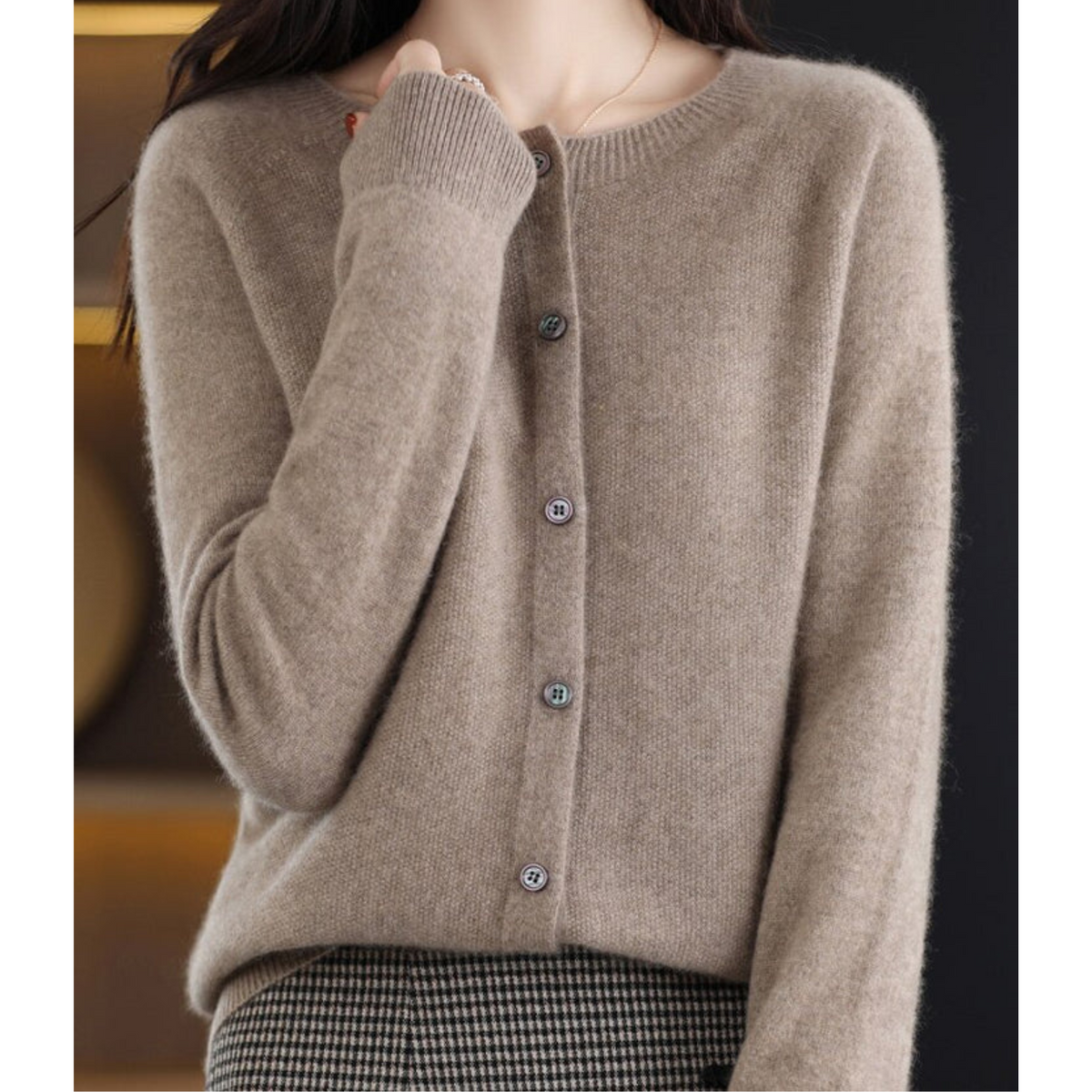 Women's Merino Wool and Cashmere Cardigan - Elegant O-Neck Winter Knit Layering Cardigan