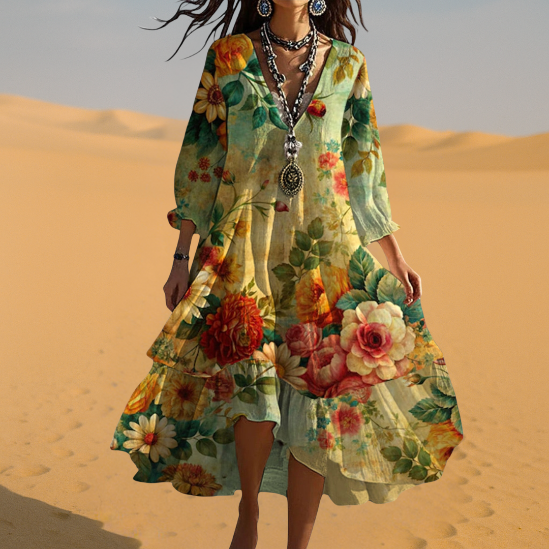 Isla | Women Flowy V Neck Boho Summer Midi Dress