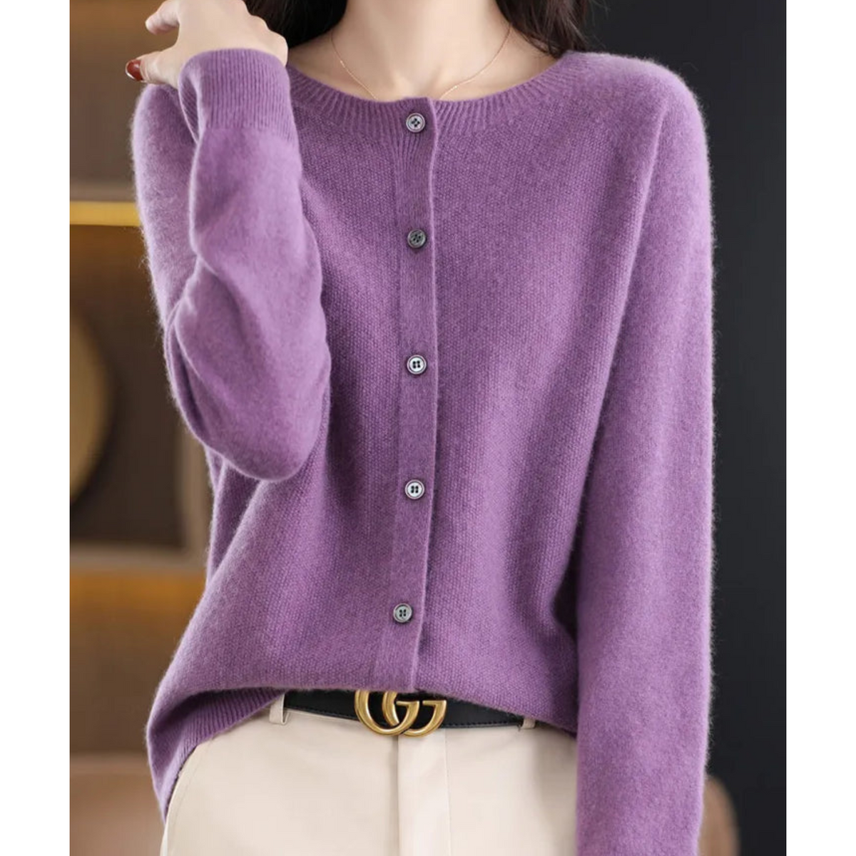 Women's Merino Wool and Cashmere Cardigan - Elegant O-Neck Winter Knit Layering Cardigan