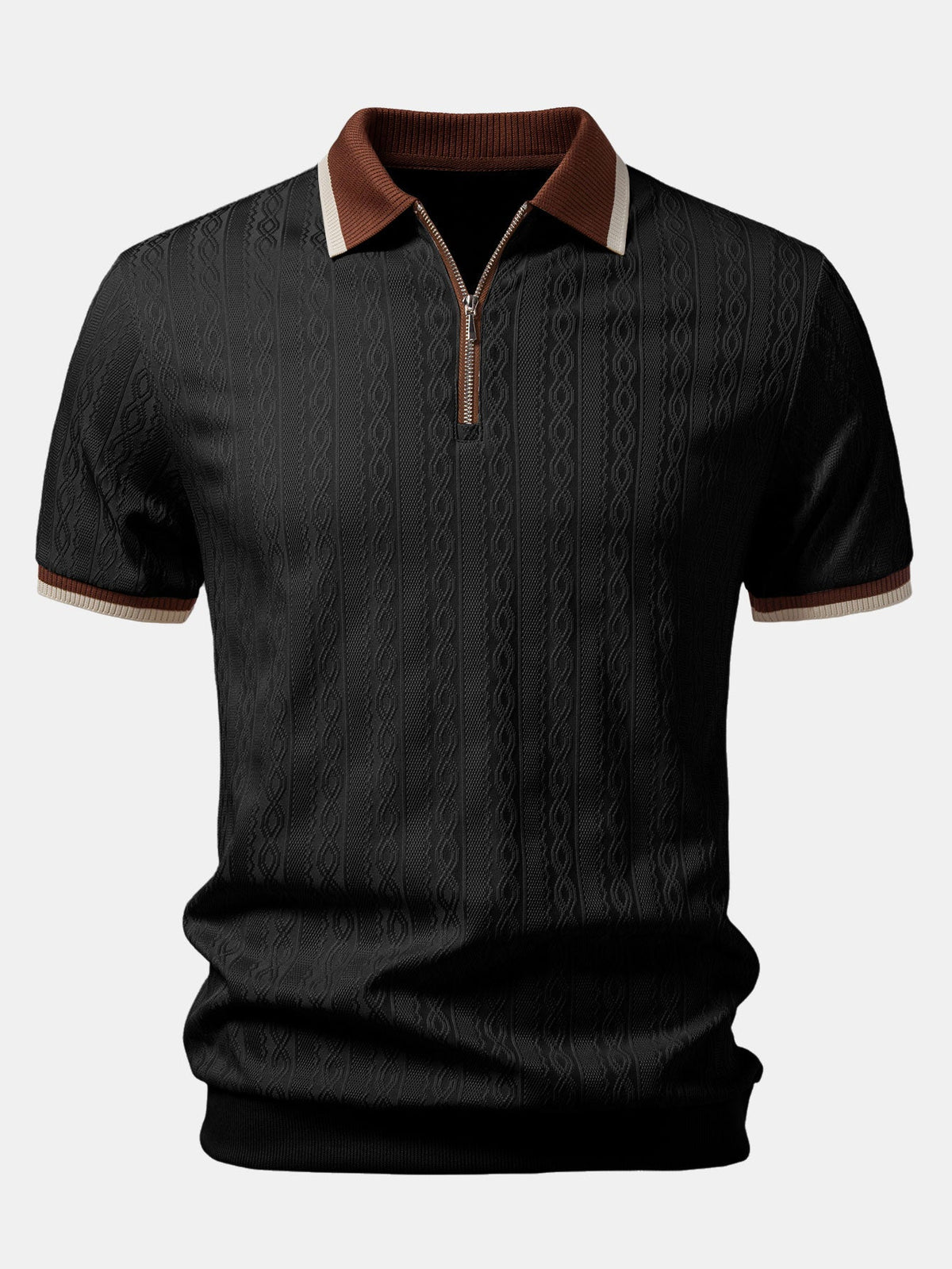 Men's Textured Knit Polo - Quarter-zip Tailored Fit For Refined Smart Casual Style