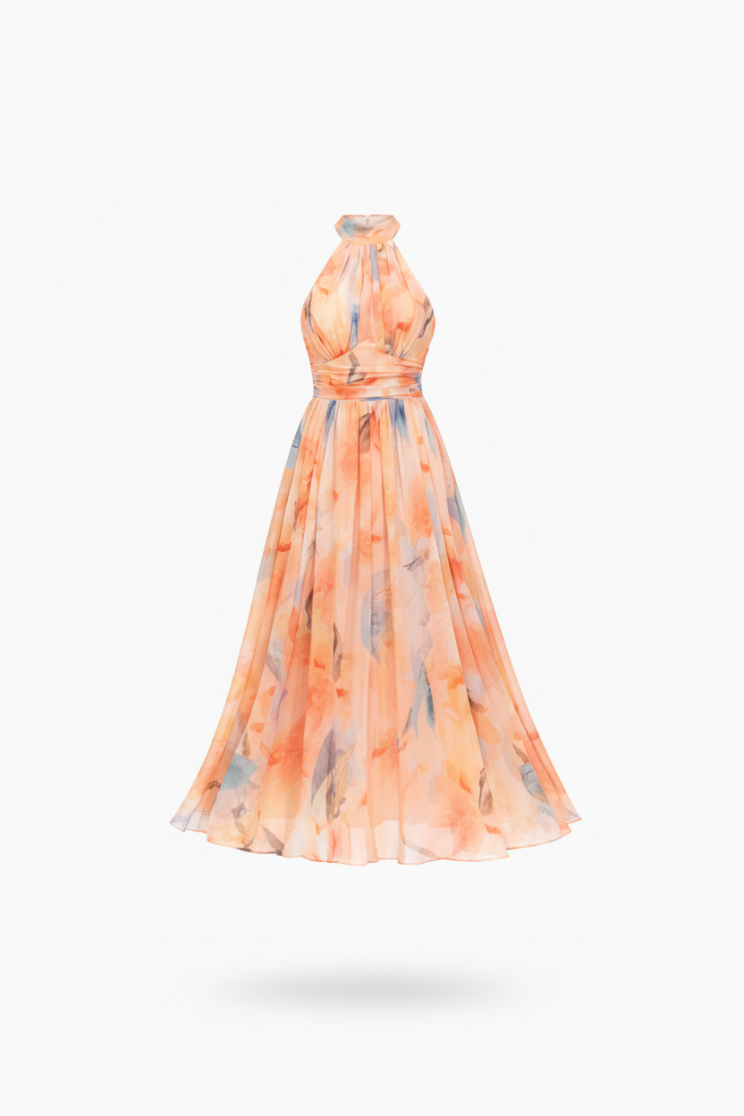 Women's Printed Halterneck MIDI Dress - Flowing Occasion Style For Elegant Summer Wear