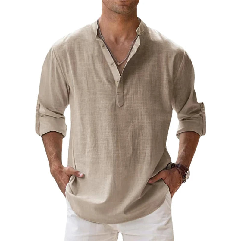 Men's Linen Henley Shirt - Relaxed Fit Summer Button-neck Top For Casual Wear