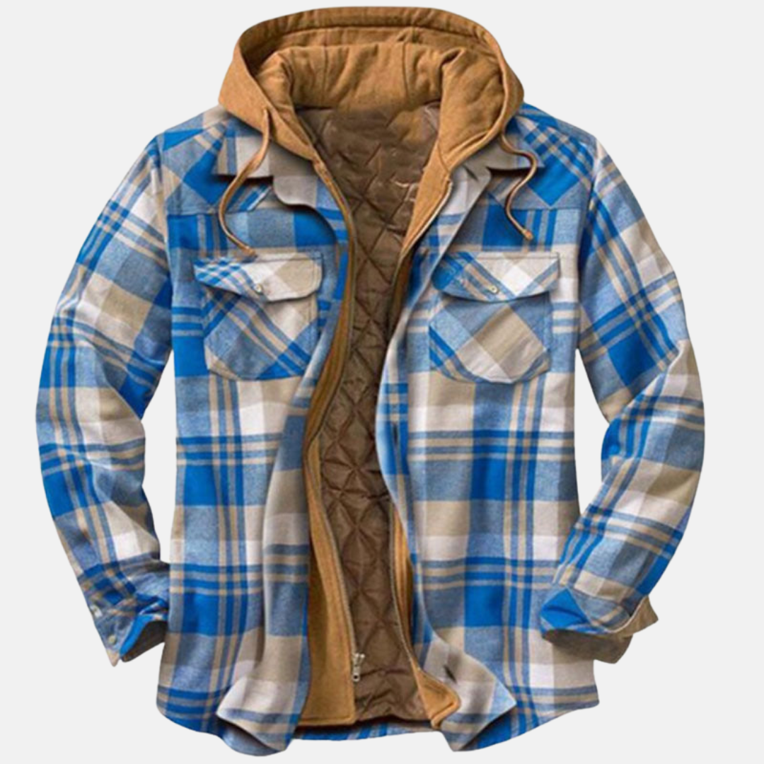 Men's Warm Hooded Overshirt Jacket With A Print And Quilted Design—practical Outerwear For Outdoor Use And Casual Everyday Style