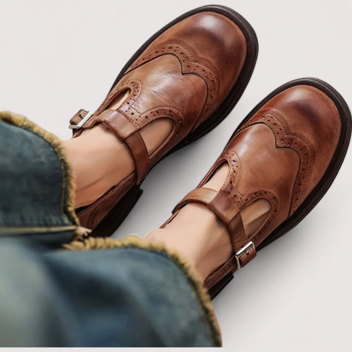 Women's T-bar Brogue Shoes With Buckle And Round Toe – Flat Shoes For The Office, Everyday Wear, And Smart-casual Style