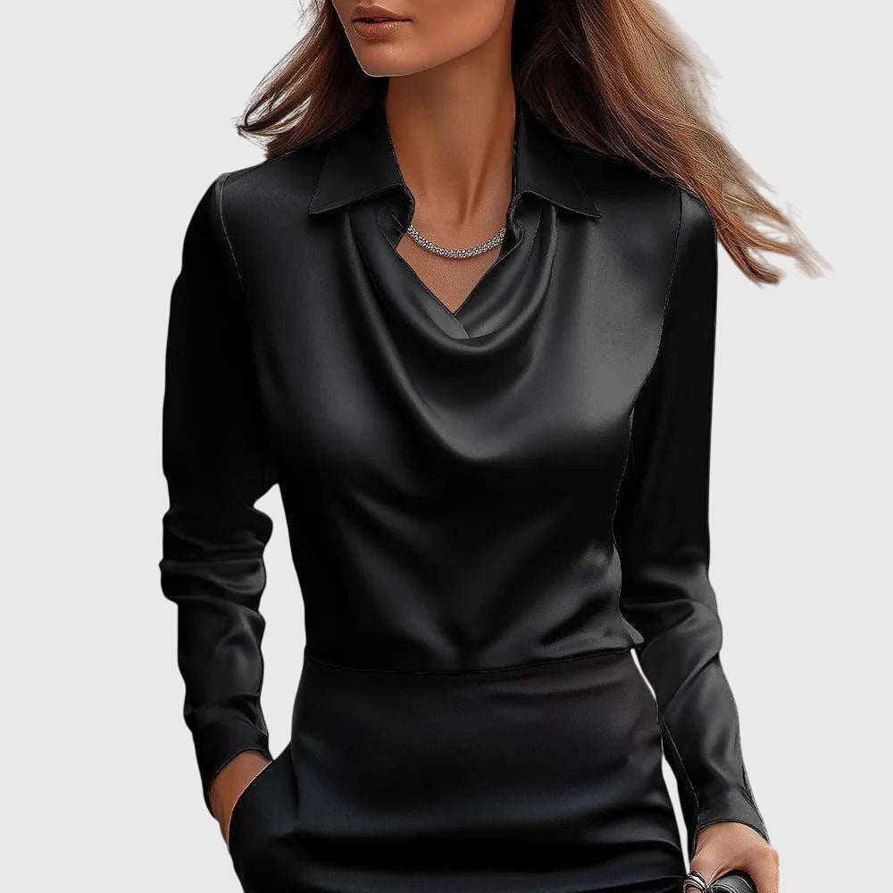 Women's Satin Blouse With A Cowl Neck, Collar, And Long Sleeves – An Elegant Blouse For The Office, Evening Wear, And Smart-casual Styles