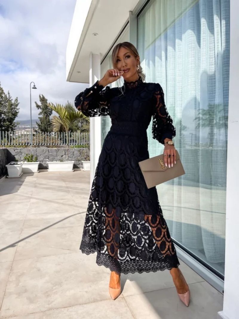 Women's Lace Midi Dress With Long Sleeves – Elegant Party Dress For Weddings, Summer Parties, And Special Occasions