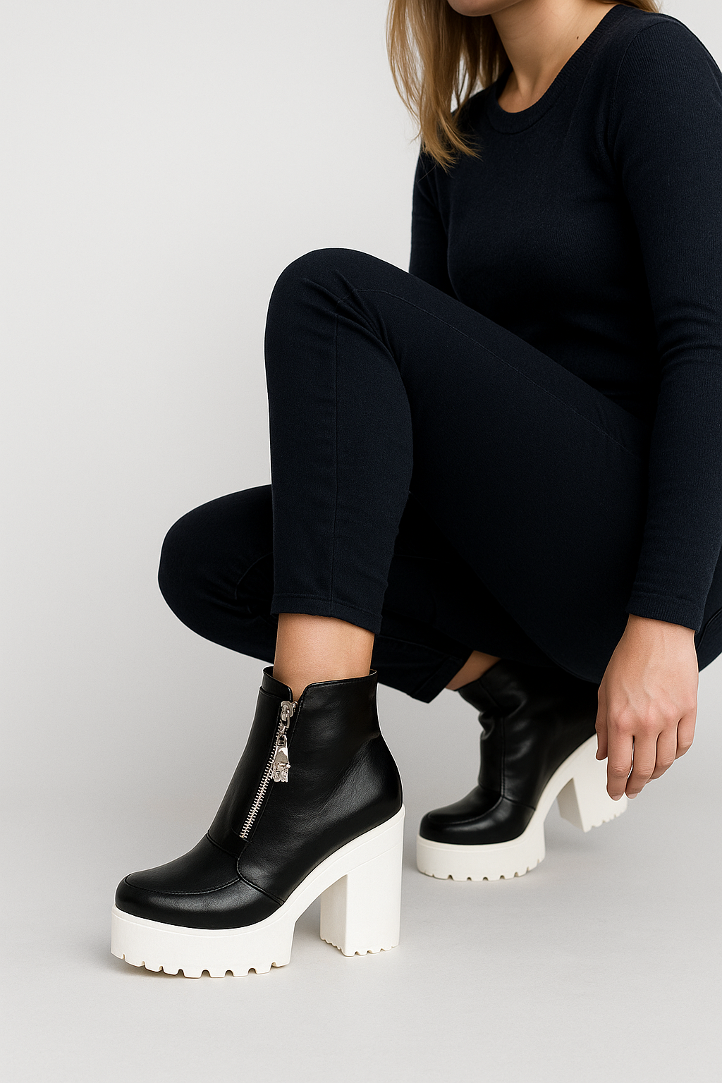 Ilaria - Women's Platform Ankle Boots with Chunky Sole and Front Zip