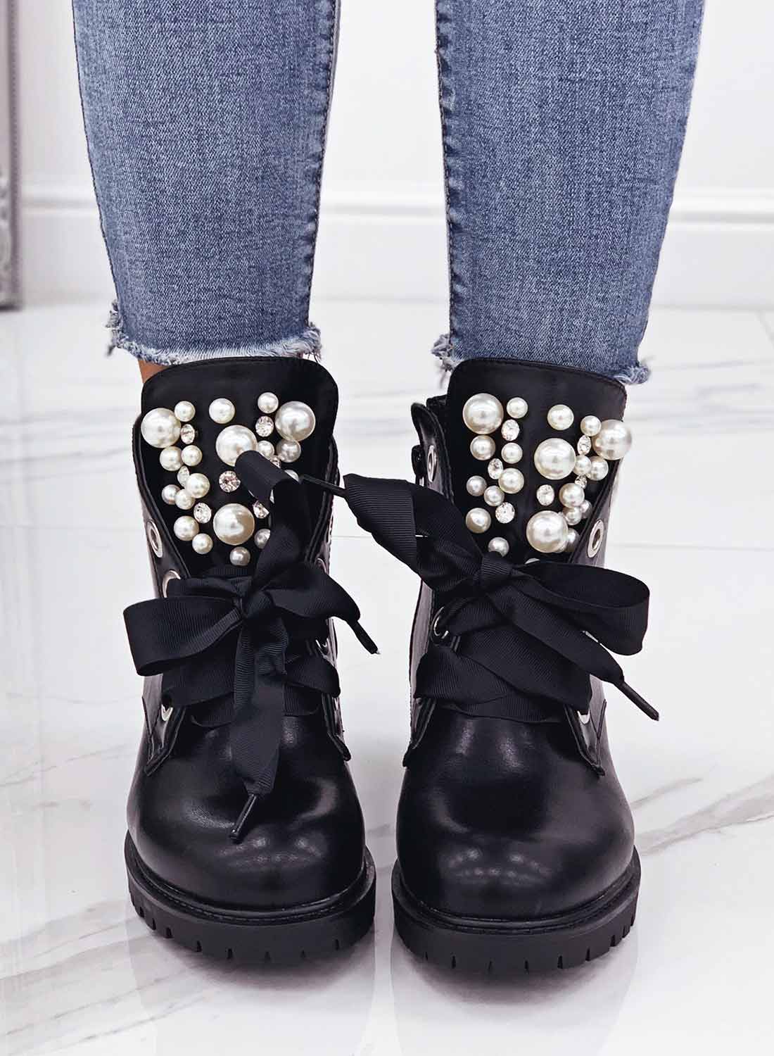 Immacolata - Women's Black Low Ankle Boots with Pearls and Stones
