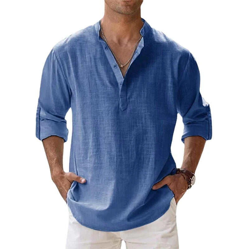 Men's Linen Henley Shirt - Relaxed Fit Summer Button-neck Top For Casual Wear