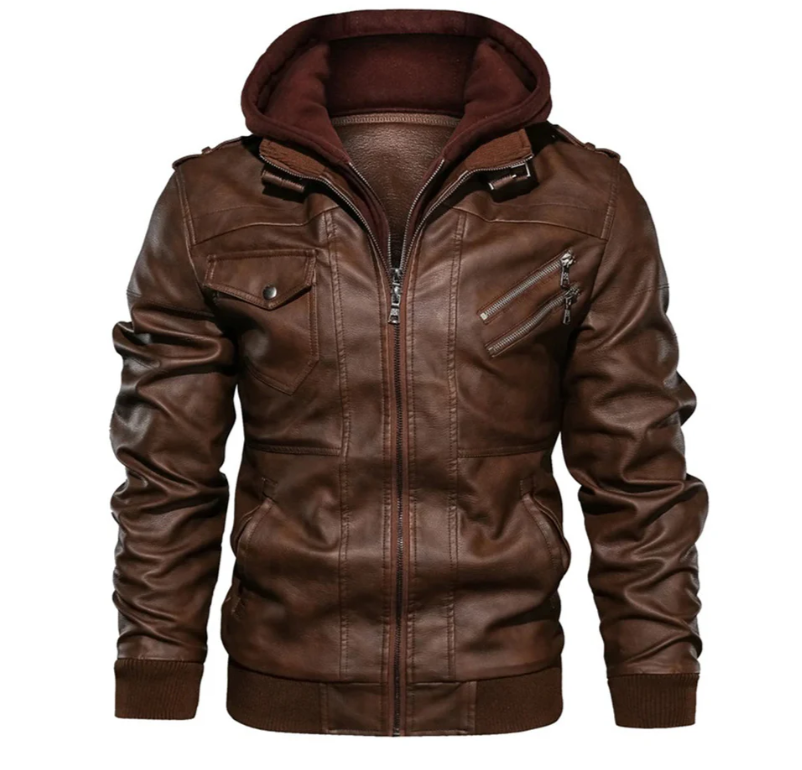 Men's Faux-leather Utility Jacket With A Hood And Multiple Pockets—practical Outerwear For Everyday Use And Casual Outdoor Activities