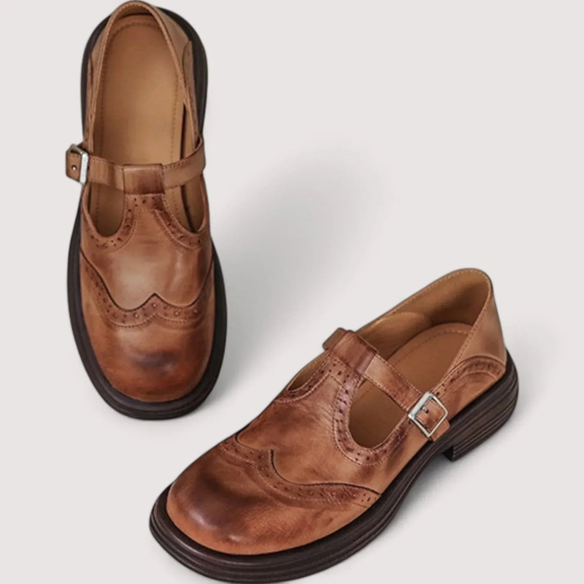 Women's T-bar Brogue Shoes With Buckle And Round Toe – Flat Shoes For The Office, Everyday Wear, And Smart-casual Style