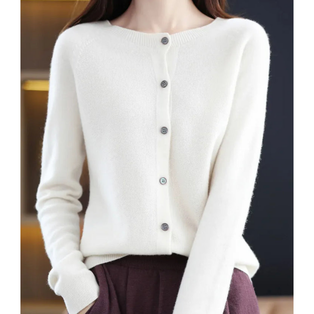 Women's Merino Wool and Cashmere Cardigan - Elegant O-Neck Winter Knit Layering Cardigan