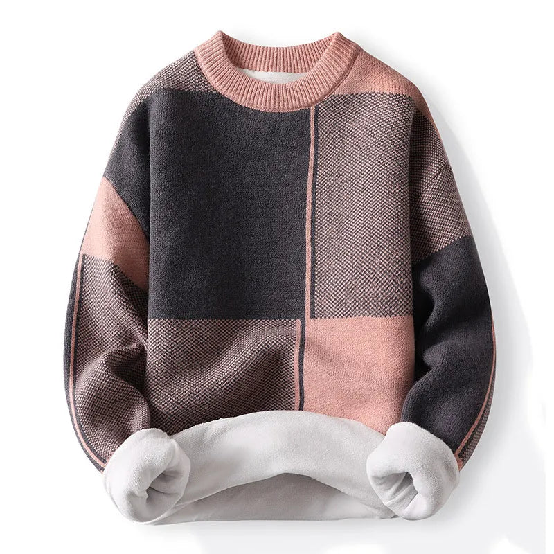 Men’s Modern Patchwork Knit Sweater – Crewneck Spring Pullover