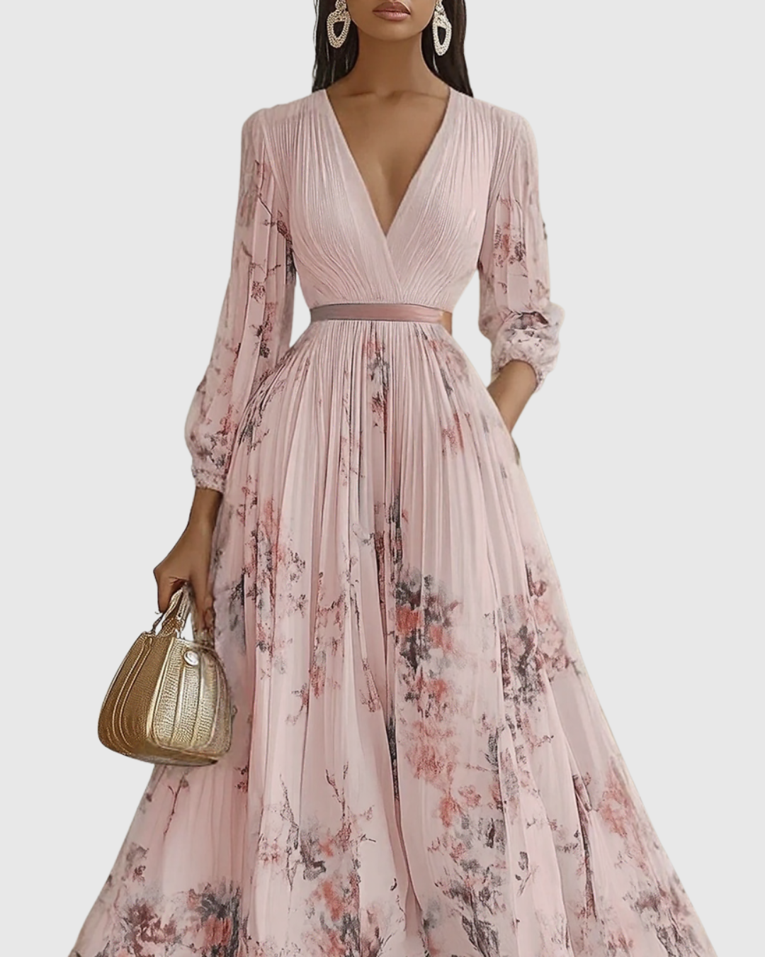 Women's Pleated Maxi Dress With A Deep V-neck And Print – An Elegant Dress For Parties, Weddings, And Special Occasions