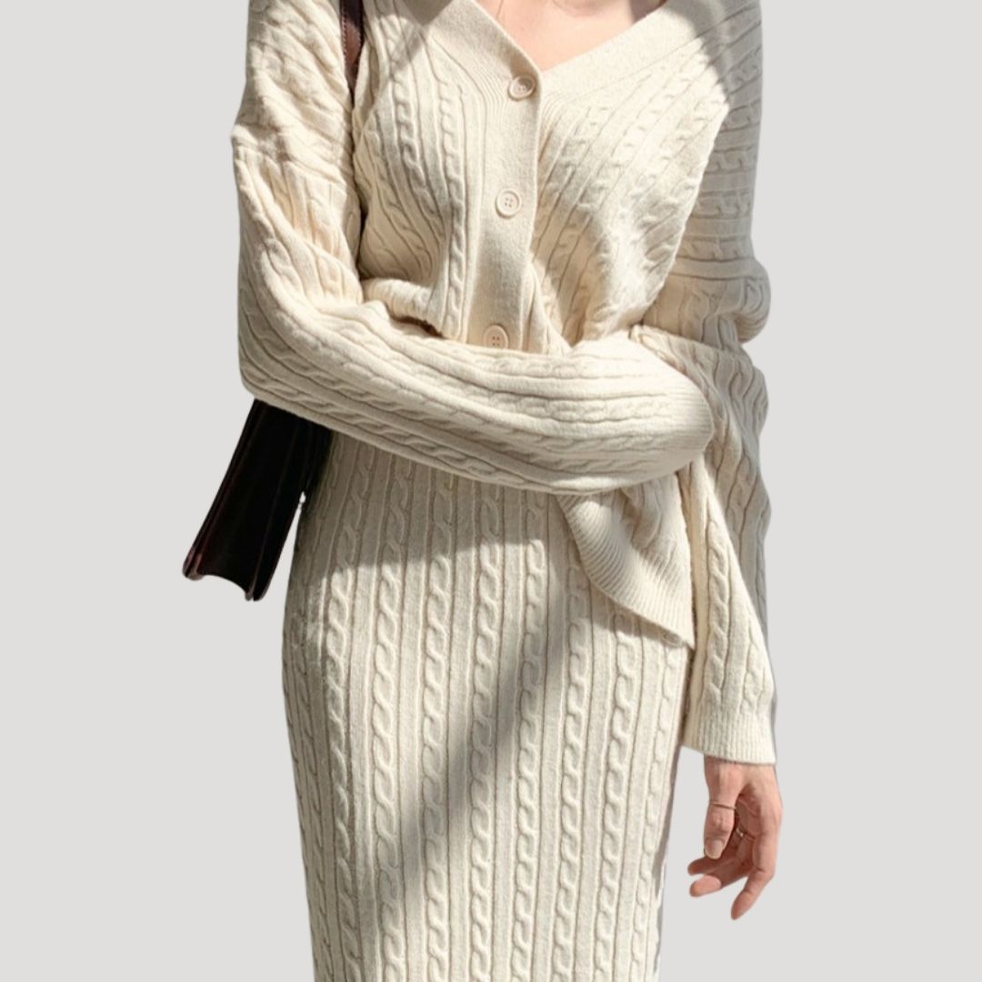 Primavera – Women's Knitwear Set with Midi Skirt and Cardigan