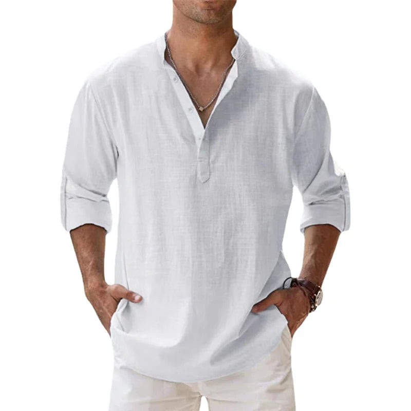 Men's Linen Henley Shirt - Relaxed Fit Summer Button-neck Top For Casual Wear