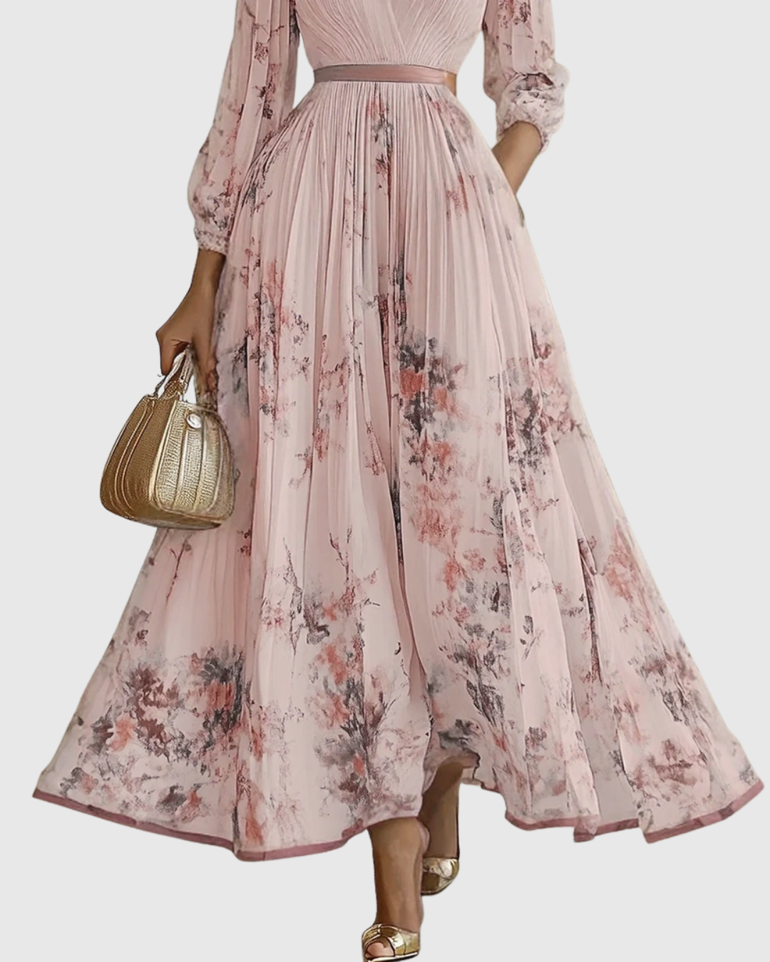 Women's Pleated Maxi Dress With A Deep V-neck And Print – An Elegant Dress For Parties, Weddings, And Special Occasions