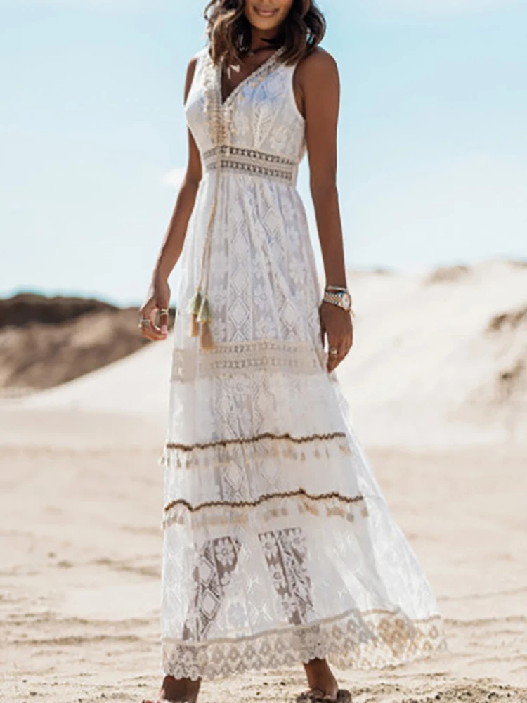 Aria | Women Boho Lace V-Neck Summer Maxi Dress