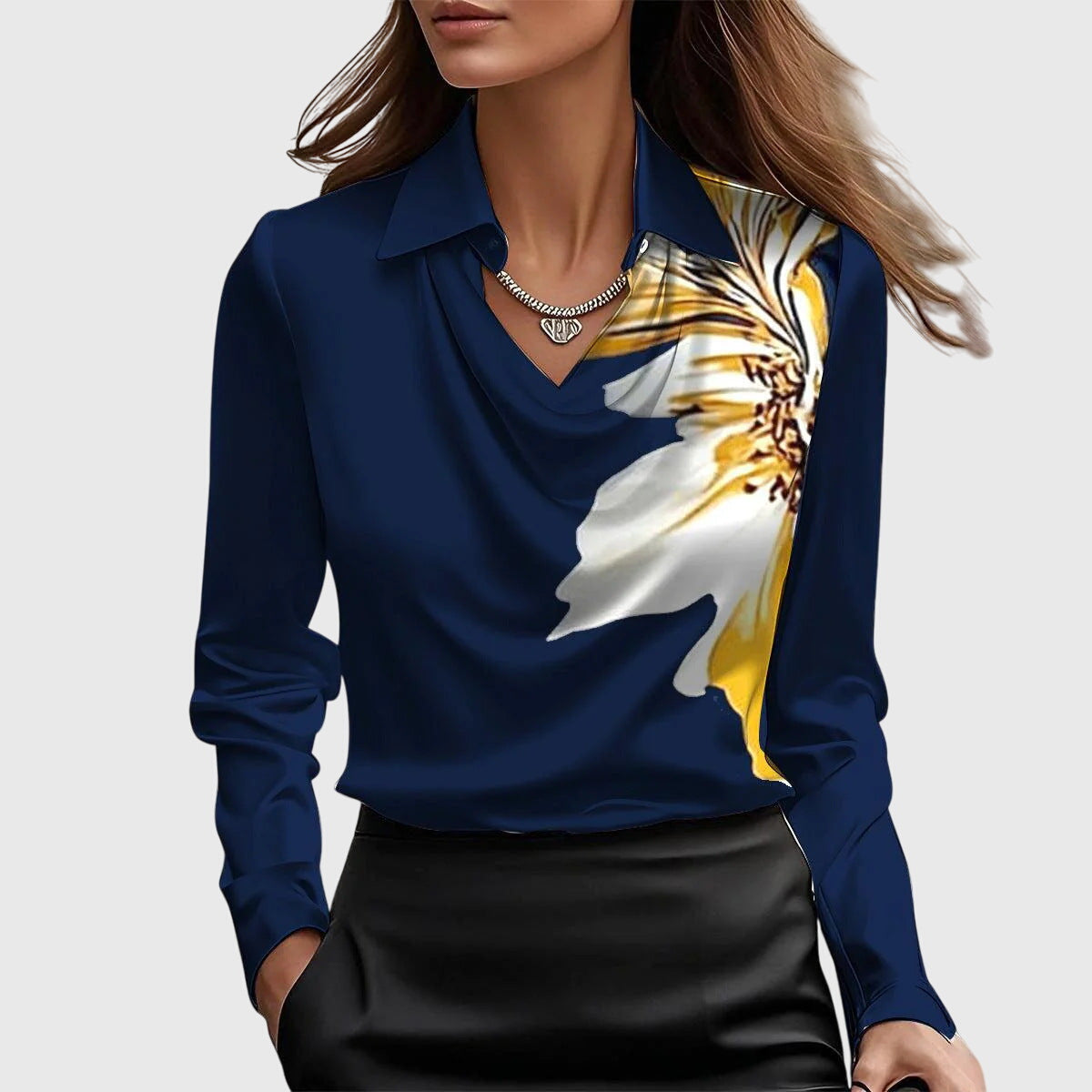 Women's Satin Blouse With A Cowl Neck, Collar, And Long Sleeves – An Elegant Blouse For The Office, Evening Wear, And Smart-casual Styles