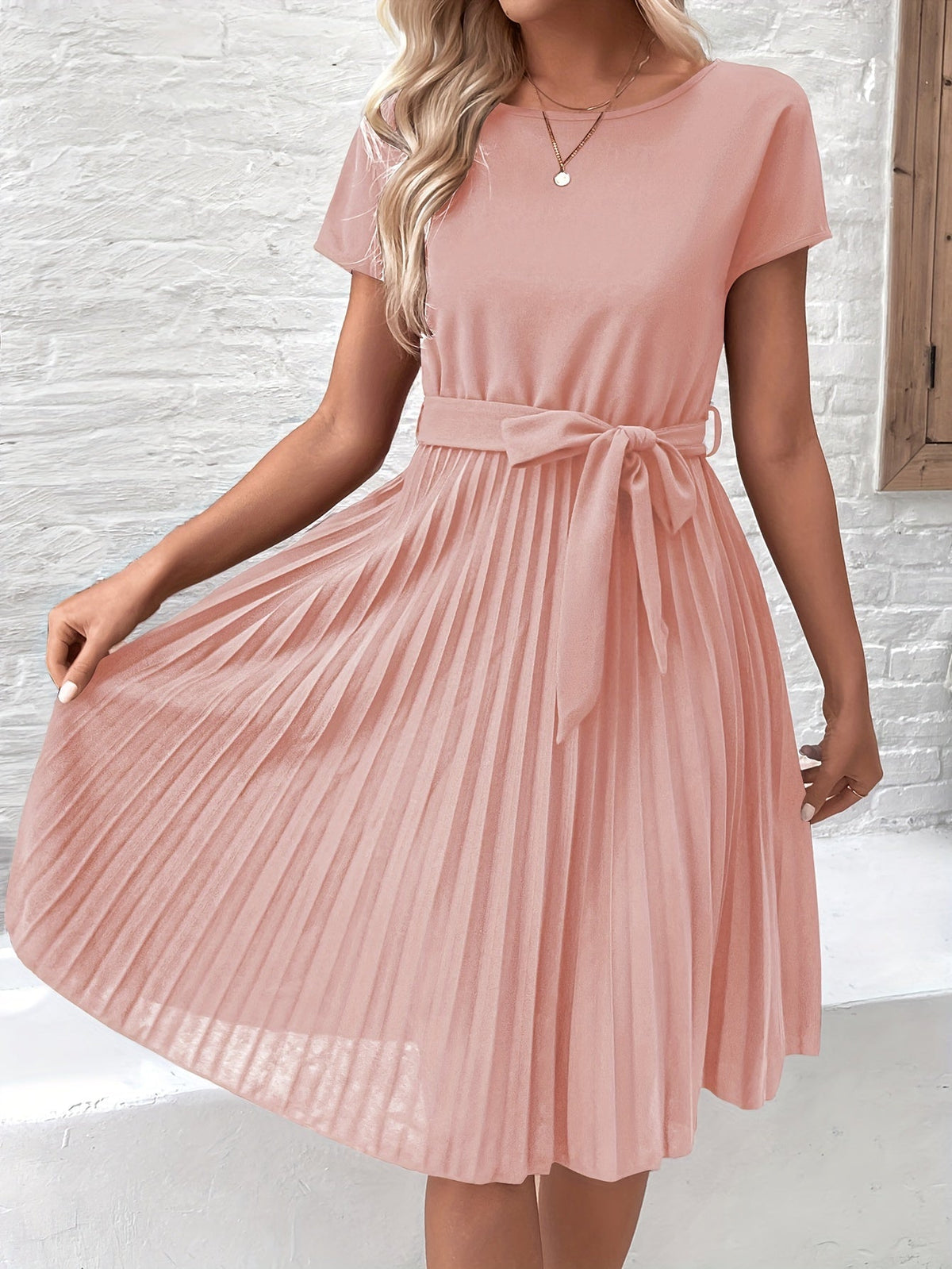 Women's Pleated Midi Dress With Short Sleeves And A Tie At The Waist – An Elegant Dress For The Office, Parties, And Special Occasions