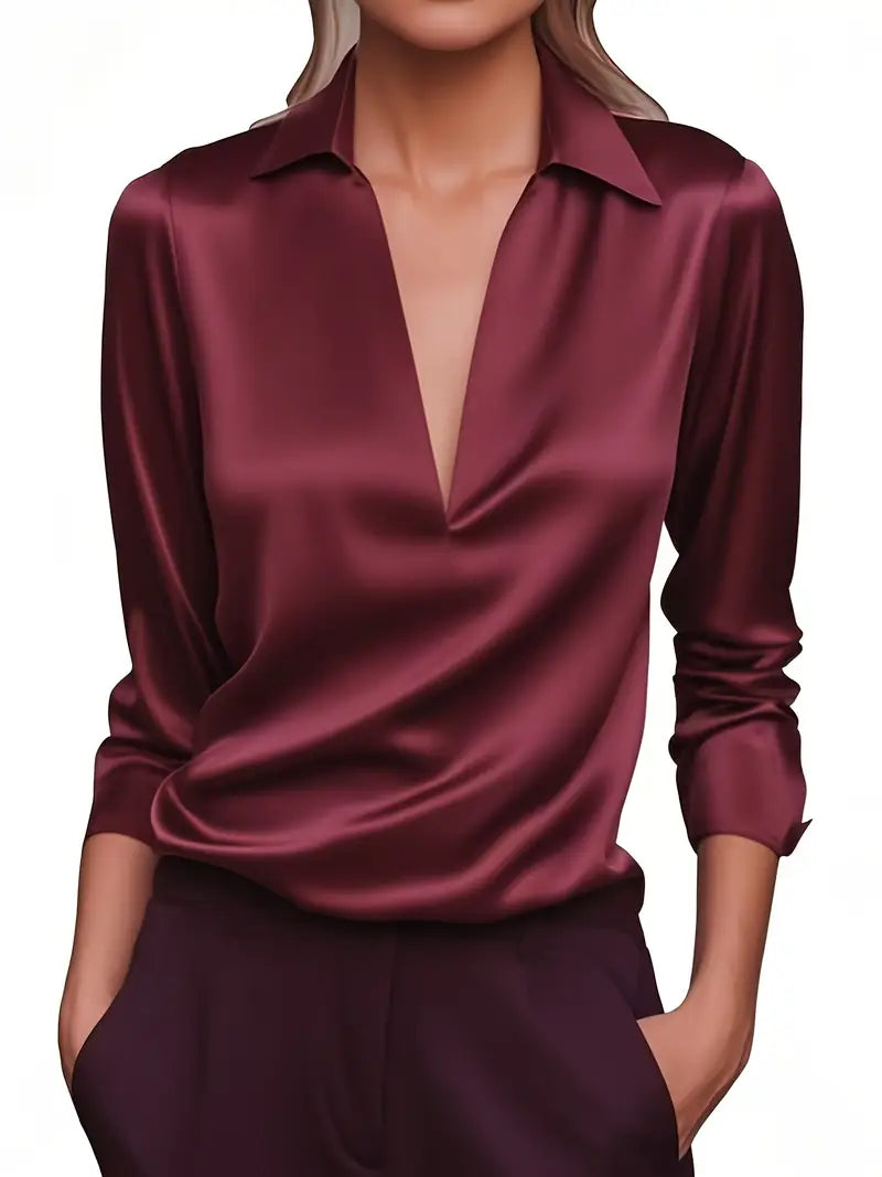 Women's Satin Blouse With A V-neck And Draped Collar – An Elegant Blouse For The Office, Parties, Evening Wear, And Smart-casual Styles