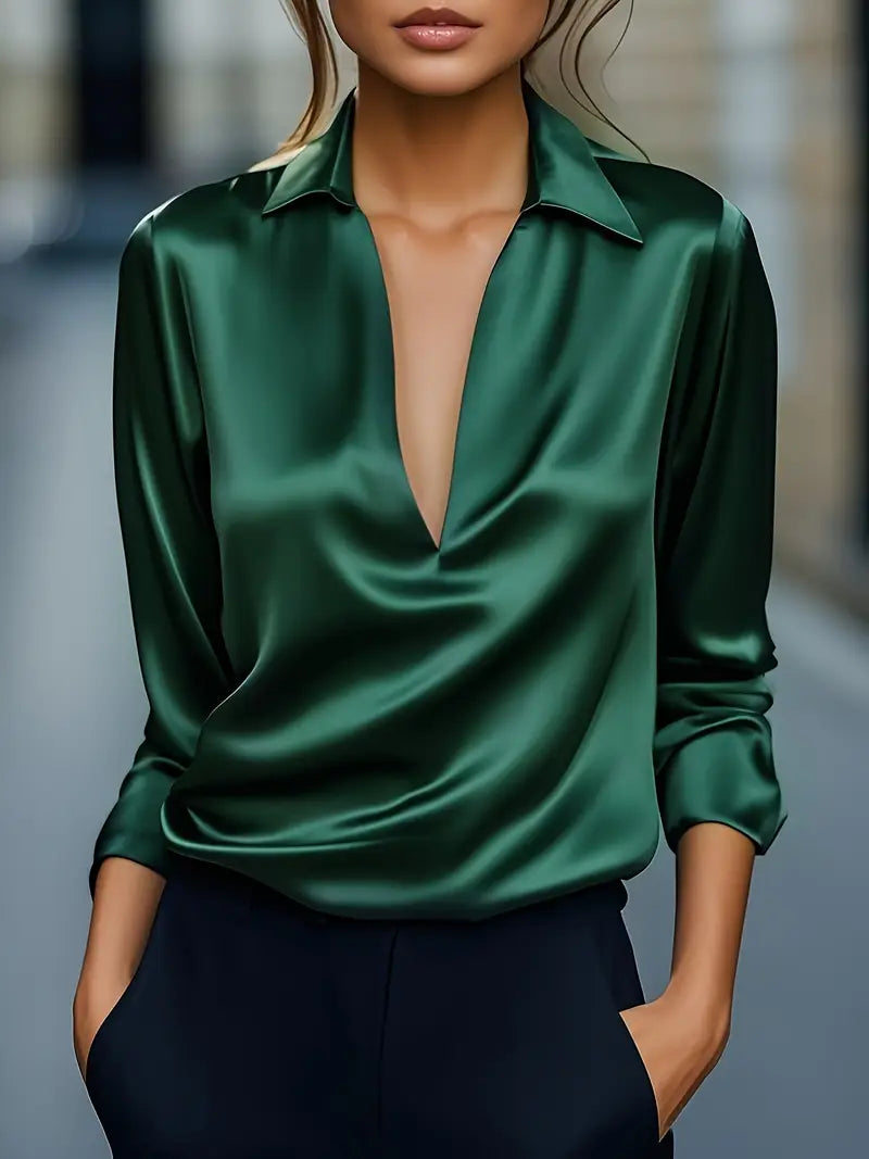 Women's Satin Blouse With A V-neck And Draped Collar – An Elegant Blouse For The Office, Parties, Evening Wear, And Smart-casual Styles