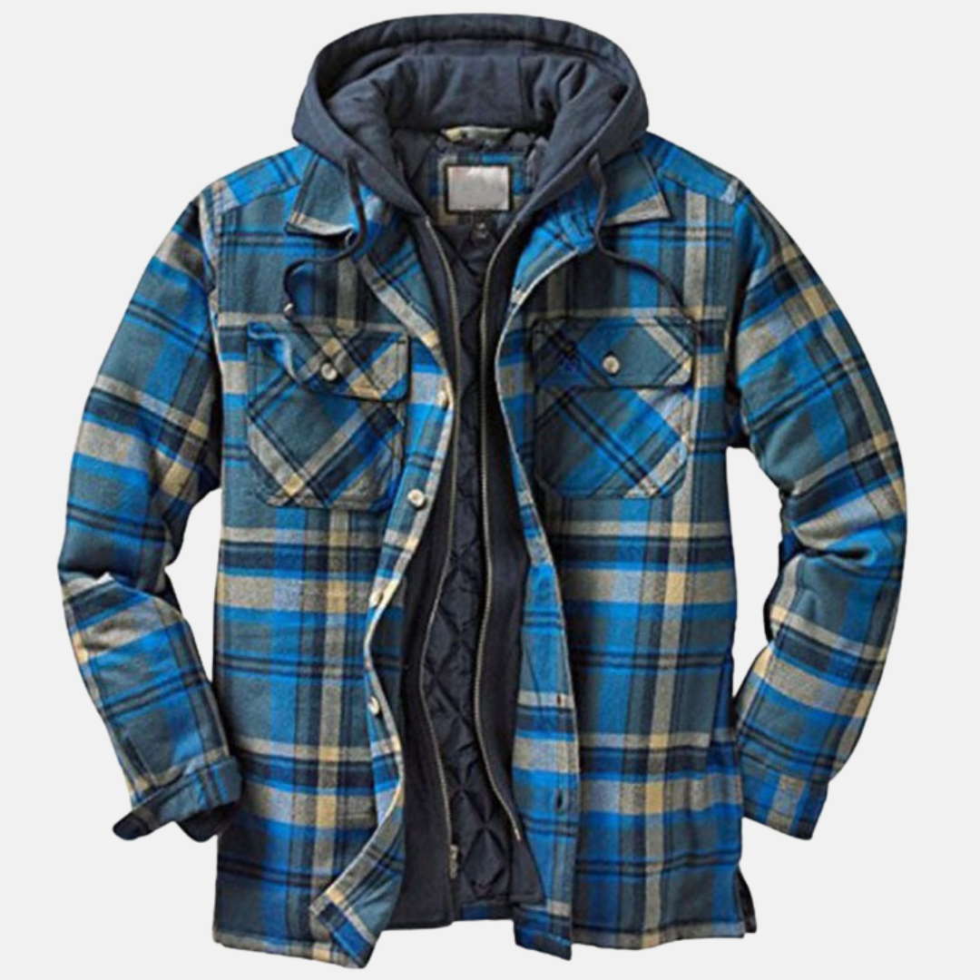 Men's Warm Hooded Overshirt Jacket With A Print And Quilted Design—practical Outerwear For Outdoor Use And Casual Everyday Style