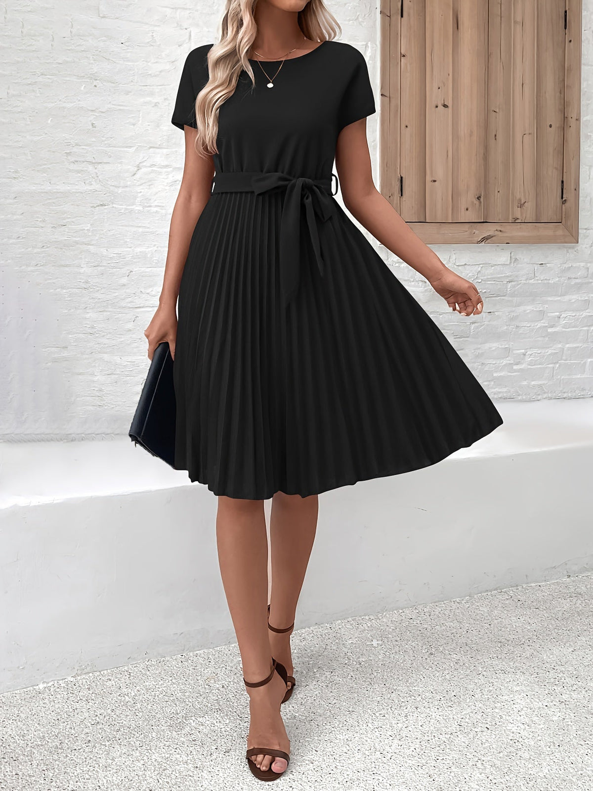 Women's Pleated Midi Dress With Short Sleeves And A Tie At The Waist – An Elegant Dress For The Office, Parties, And Special Occasions