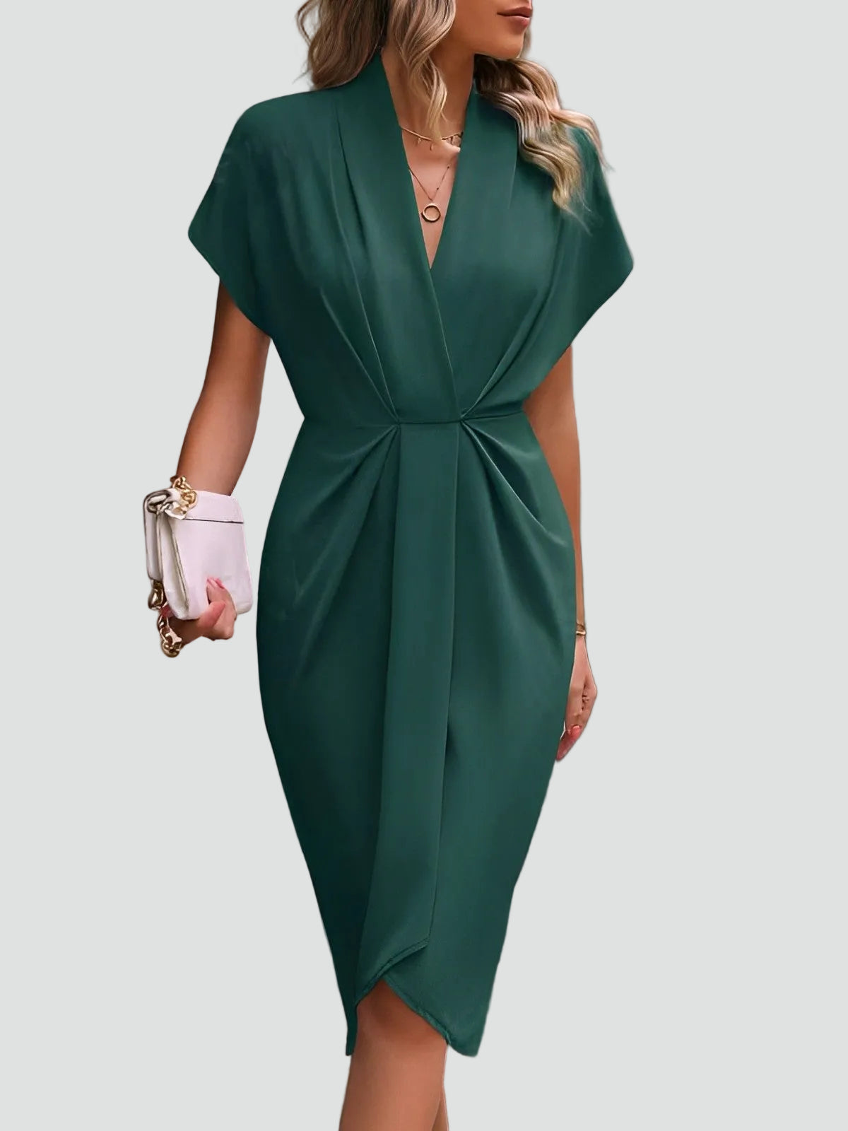 Women's Draped Midi Dress With A Deep V-neck And Slit – An Elegant Dress For Parties, Evening Wear, And Special Occasions