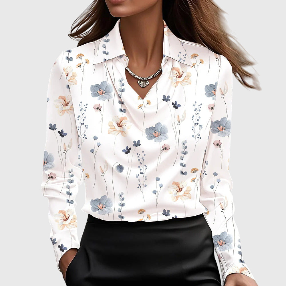 Women's Satin Blouse With A Cowl Neck, Collar, And Long Sleeves – An Elegant Blouse For The Office, Evening Wear, And Smart-casual Styles