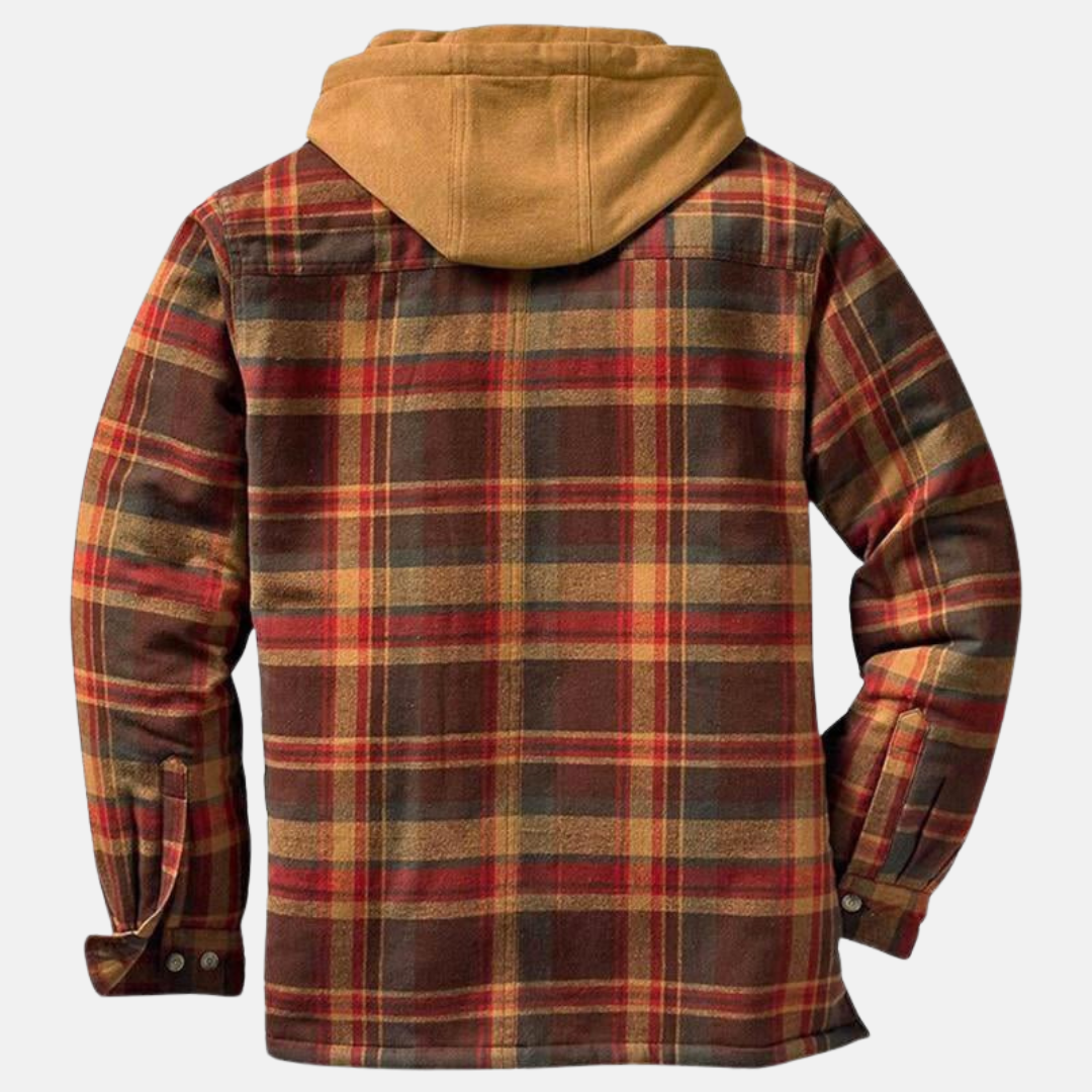 Men's Warm Hooded Overshirt Jacket With A Print And Quilted Design—practical Outerwear For Outdoor Use And Casual Everyday Style