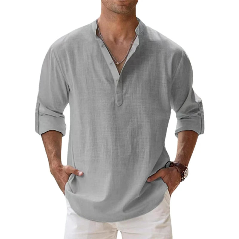 Men's Linen Henley Shirt - Relaxed Fit Summer Button-neck Top For Casual Wear