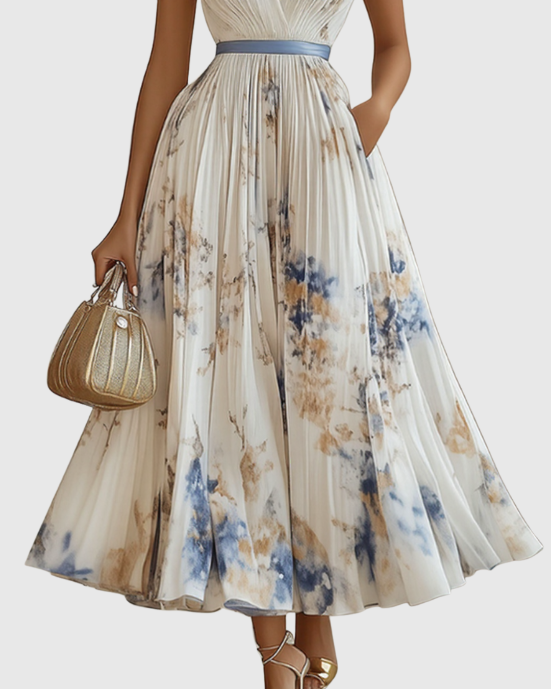 Women's Pleated Maxi Dress With A Deep V-neck And Print – An Elegant Dress For Parties, Weddings, And Special Occasions