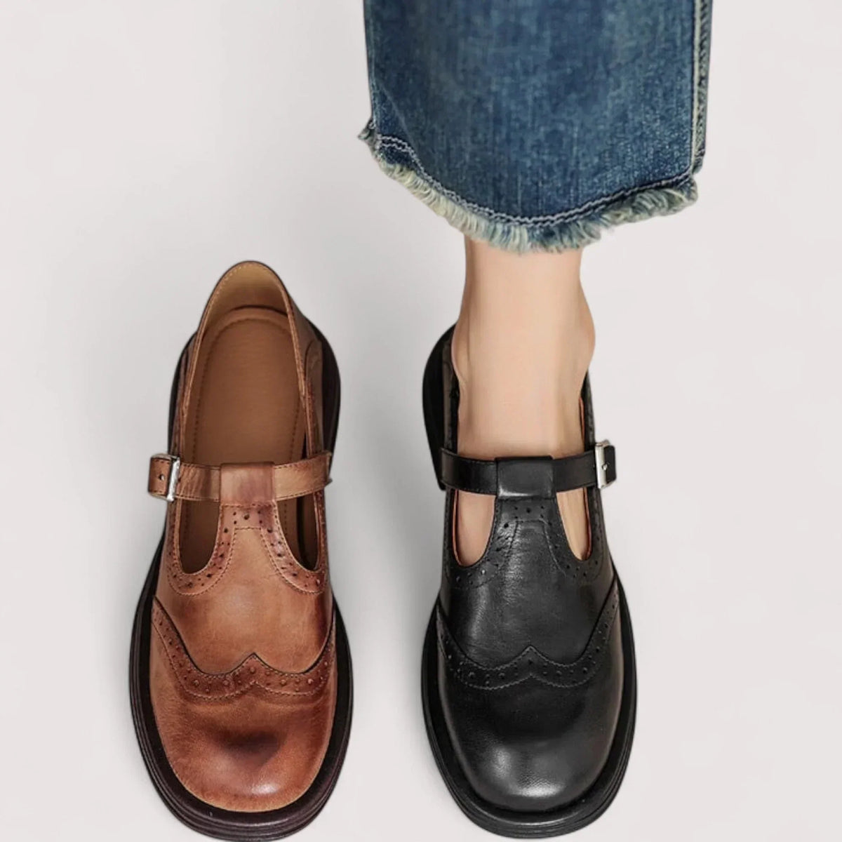 Women's T-bar Brogue Shoes With Buckle And Round Toe – Flat Shoes For The Office, Everyday Wear, And Smart-casual Style