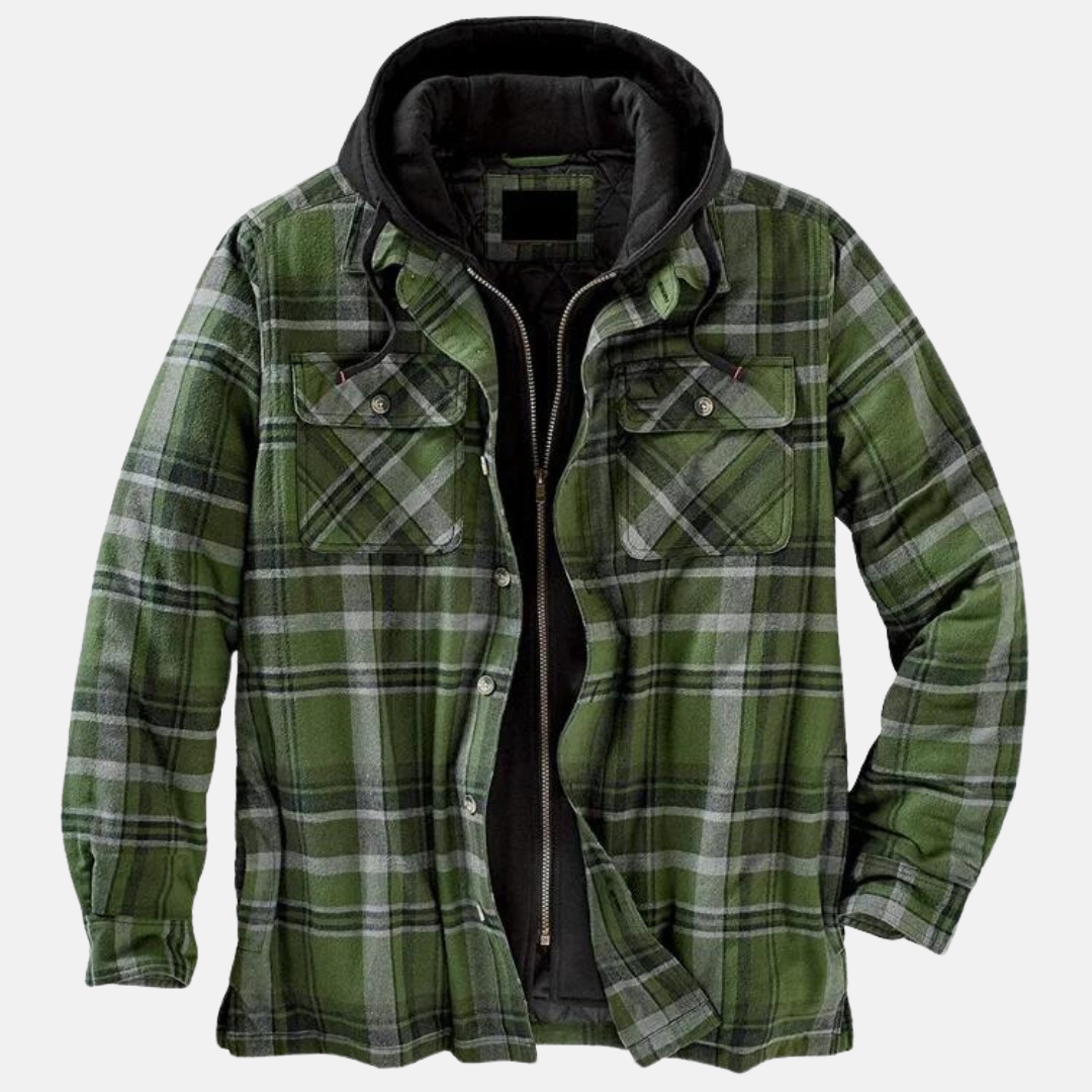 Men's Warm Hooded Overshirt Jacket With A Print And Quilted Design—practical Outerwear For Outdoor Use And Casual Everyday Style